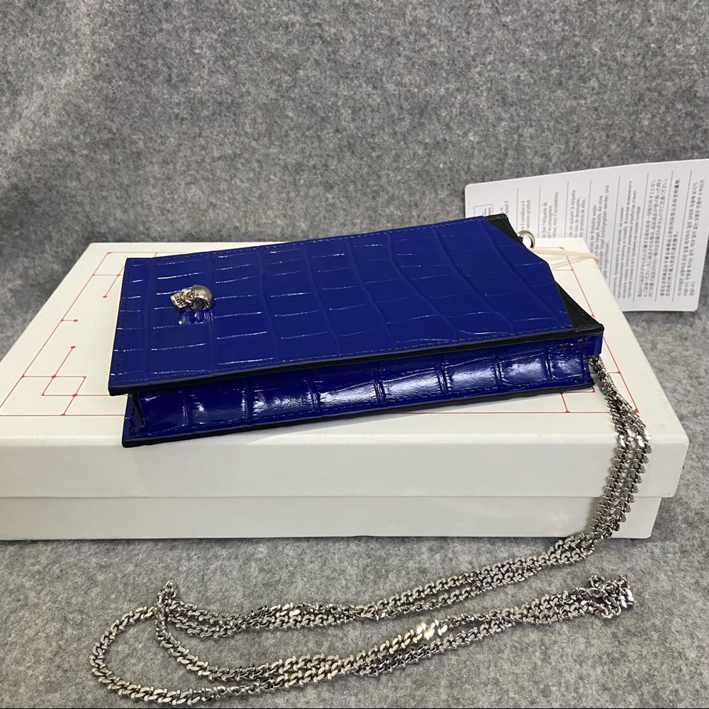 SOLD NWT $690 Alexander McQueen Skull Croc Leather Phone Bag Royal Blue - Picture 7 of 16